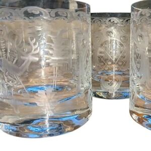 3 Etched Whiskey Glasses Leaping Stag Castle Crest Lowball Rocks Glass Set Clear